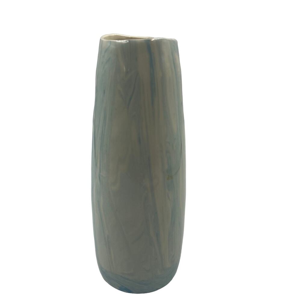 Vintage Handmade‎ Vase Glazed Ceramic Skinny Blue White Watercolor Signed FP